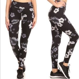 Black Floral High-Waist Leggings with White Hibiscus Print